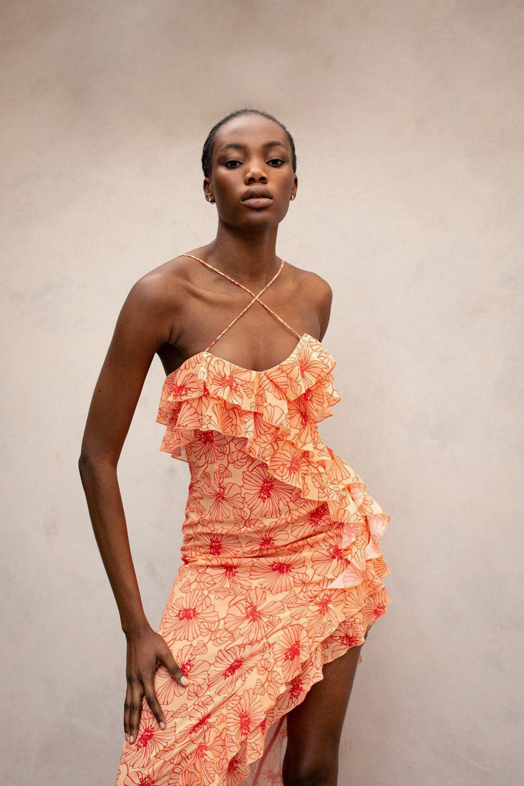 Wood Ear Cross Chiffon Floral High Slit Maxi Dresses
