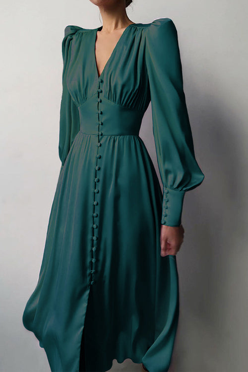 Deep V-Neck Bishop Sleeve Button Front Smocked Waist Midi Dress