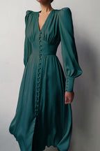 Deep V-Neck Bishop Sleeve Button Front Smocked Waist Midi Dress