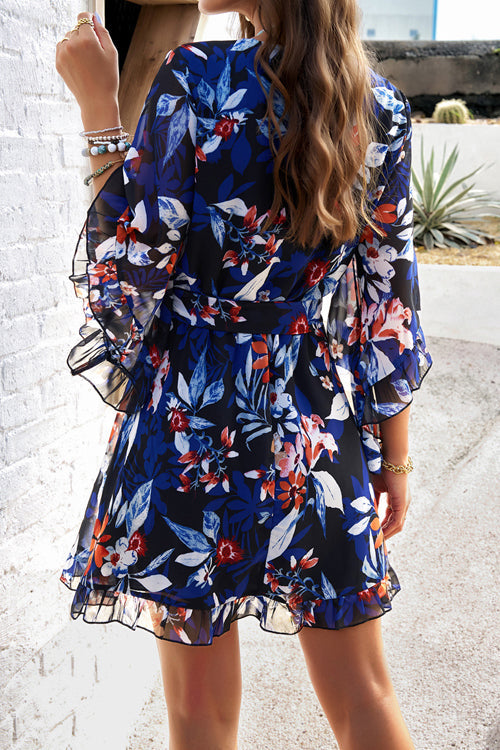Floral Print Wrap V-Neck Three Quarter Sleeve Tie Waist Ruffle Hem Mini Dress
