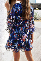 Floral Print Wrap V-Neck Three Quarter Sleeve Tie Waist Ruffle Hem Mini Dress