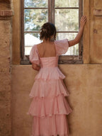 Square Collar Puff Sleeve Cake Skirt Vacation Parties Maxi Dresses