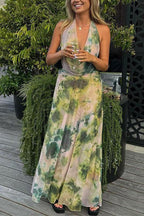 Deep V Neck Sleeveless Printed Flowy Maxi Dress