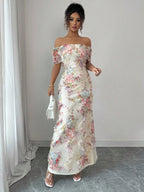 Printed Textured Fabric Off Shoulder Ruffle Maxi Dresses