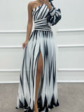 Color-blocked Printed Sloping Shoulders Slit Formal Dress Maxi Dresses