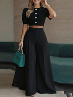 Cropped Buttons Jacket Wide-leg High-waisted Pants Set 2-piece Sets