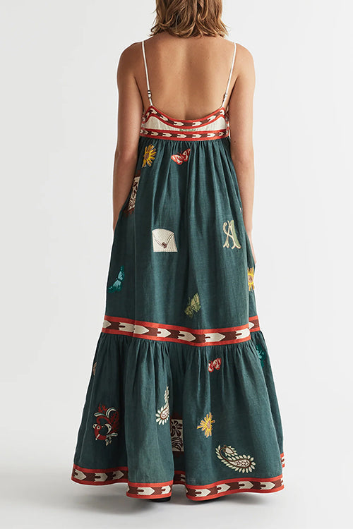 Spaghetti Strap Backless Printed Swing Maxi Sun Dress