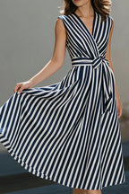 Striped Printed V-neck Sleeveless Belted Casual Midi Dress