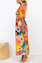 Floral Print Deep V-Neck Puff Sleeve High Waist A-Line Maxi Dress
