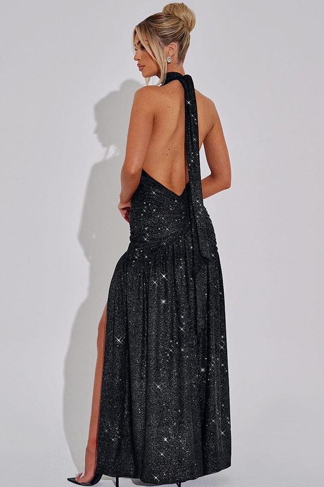 Glitter Halter Choker Deep V-Neck Ruched Waist High Split Maxi Dress