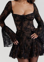 Square Neck Lace Bell Sleeve Tie Front Bustier Fit and Flare Mini Dress