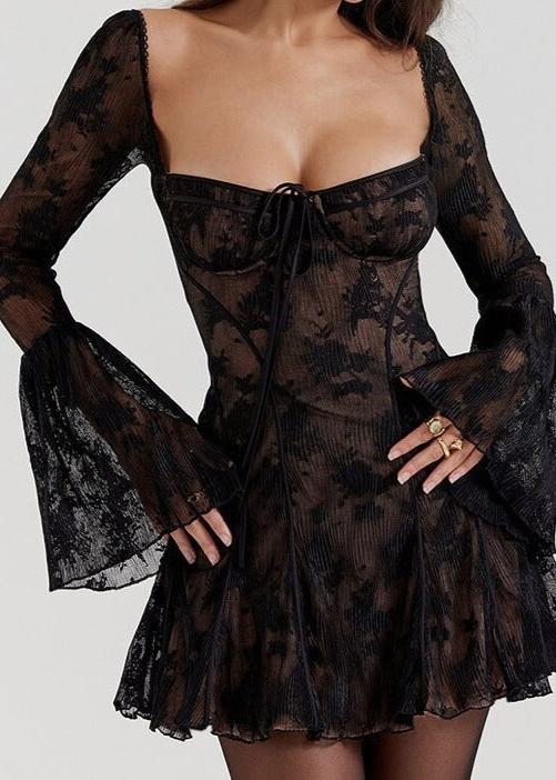 Square Neck Lace Bell Sleeve Tie Front Bustier Fit and Flare Mini Dress
