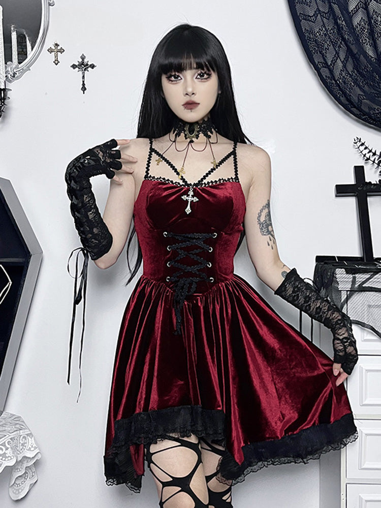 Velvet Lace Up Corset Scalloped Lace Trim Fit and Flare Mini Dress