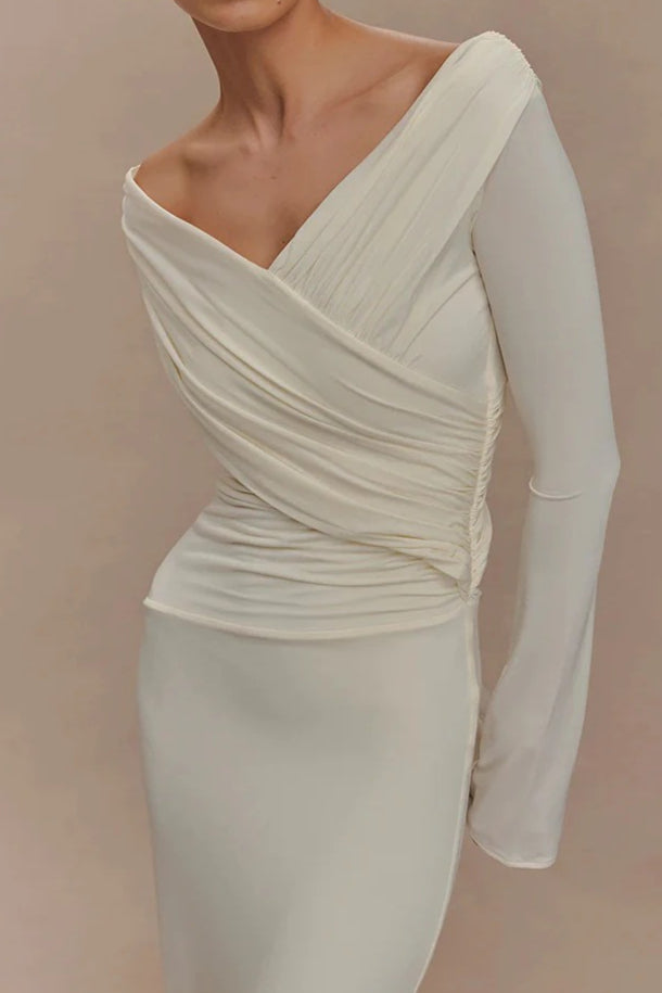 Off Shoulder Wrap Ruched Long Sleeve Sheer Sleeve Maxi Dress
