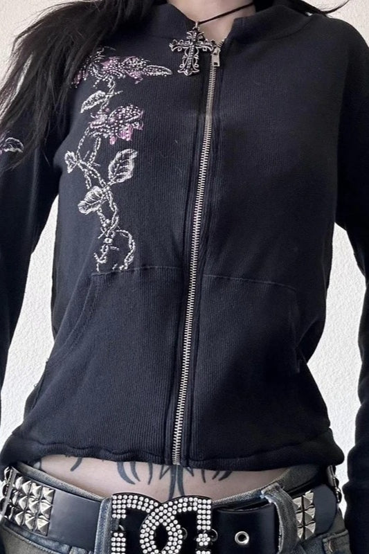 Vintage Flower Wings Print Hoodie