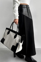 PU Leather Panel High Waist Slit Skirt