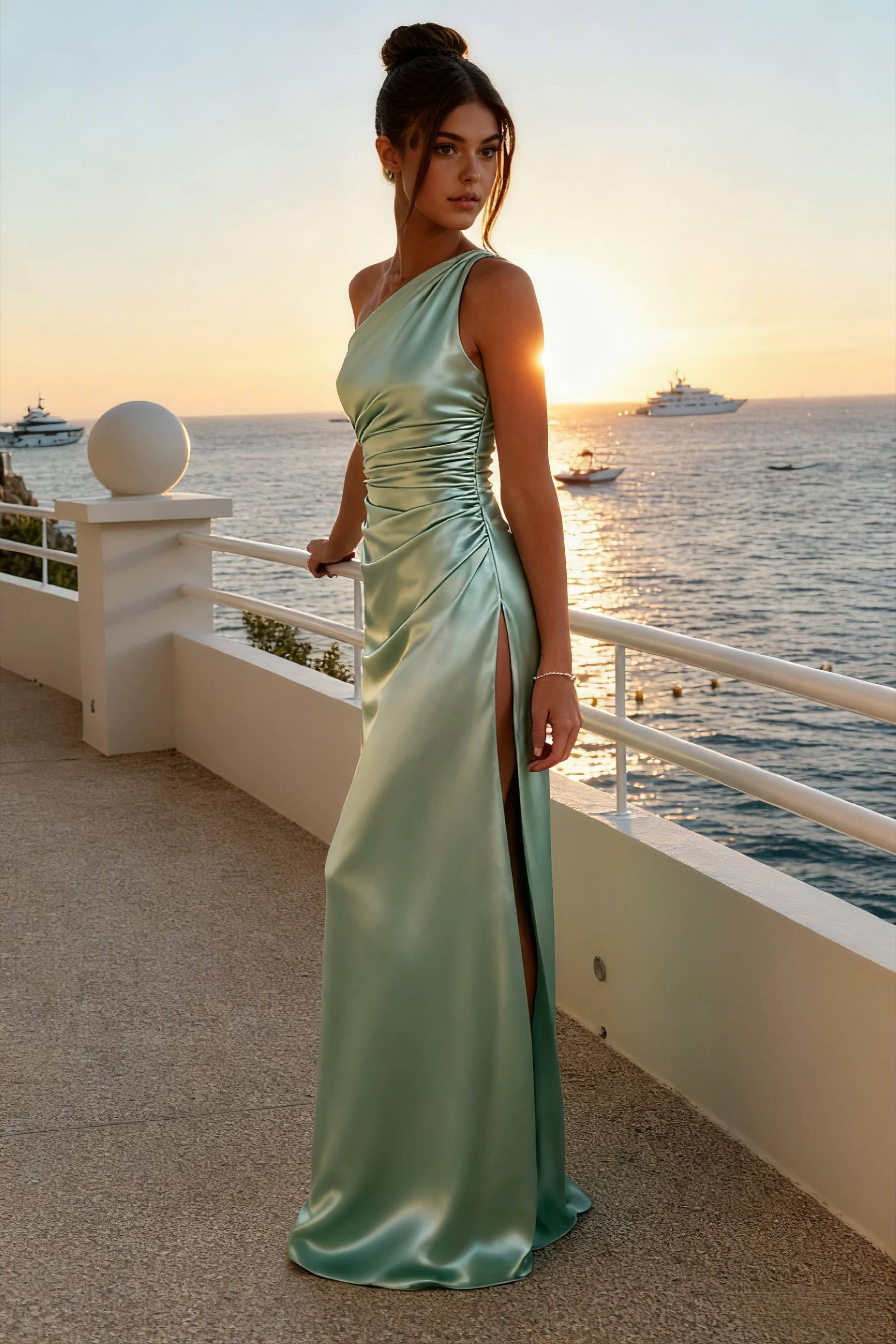 Satin One Shoulder Ruched Waist High Split Maxi Dress