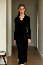 Rib Knit Polo Collar V-Neck Long Sleeve High Slit Maxi Dress