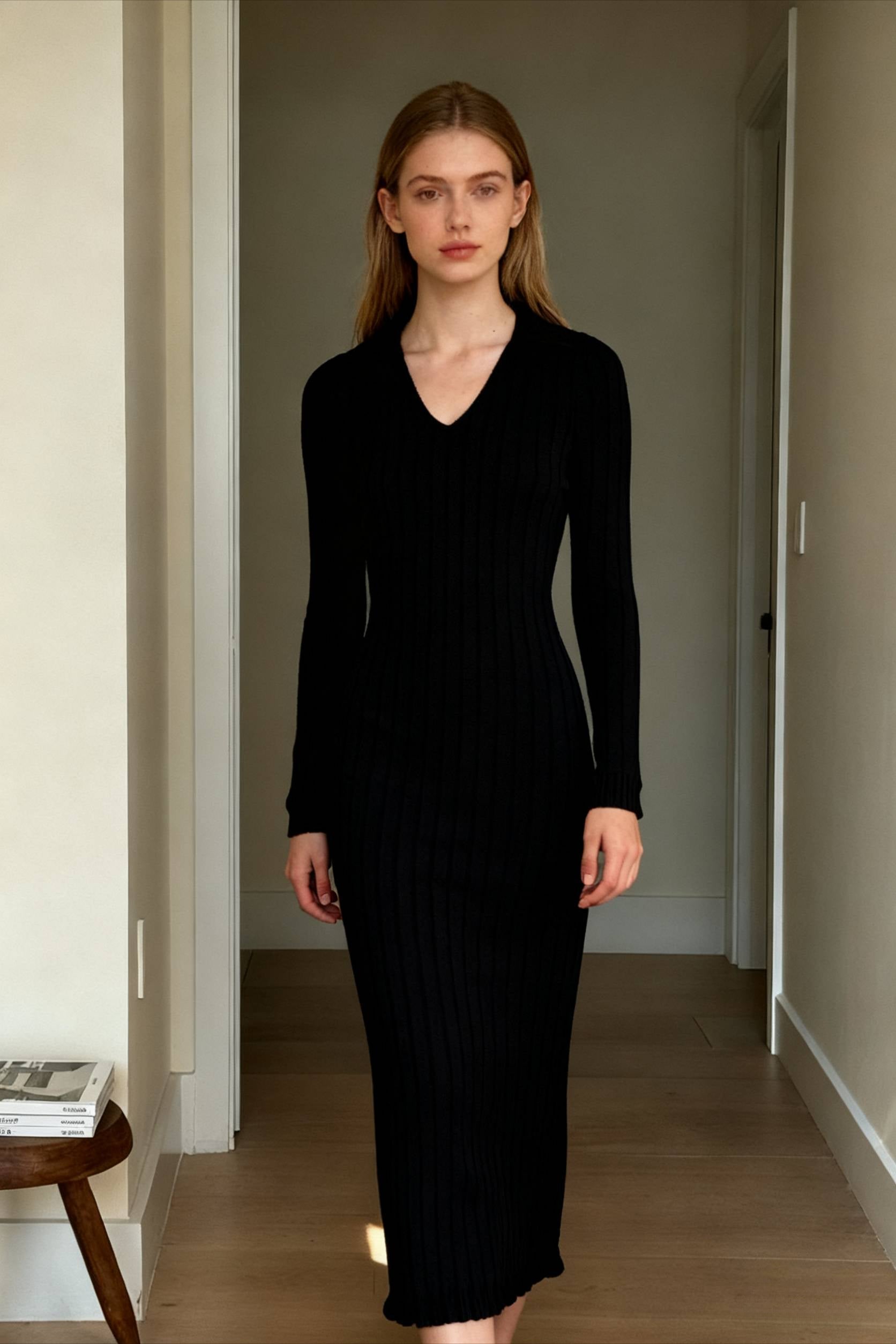 Rib Knit Polo Collar V-Neck Long Sleeve High Slit Maxi Dress