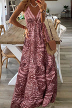 Paisley Print Deep V-Neck Spaghetti Strap Empire Waist Tiered Maxi Dress