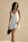 Satin Deep V-Neck Lace Trim Spaghetti Strap Slip Mini Dress