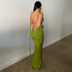 Rib Knit Tie Strap Cowl Back Side Cutout Column Maxi Dress