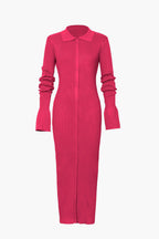 Rib Knit Polo Collar Button Front Flared Cuff Maxi Dress