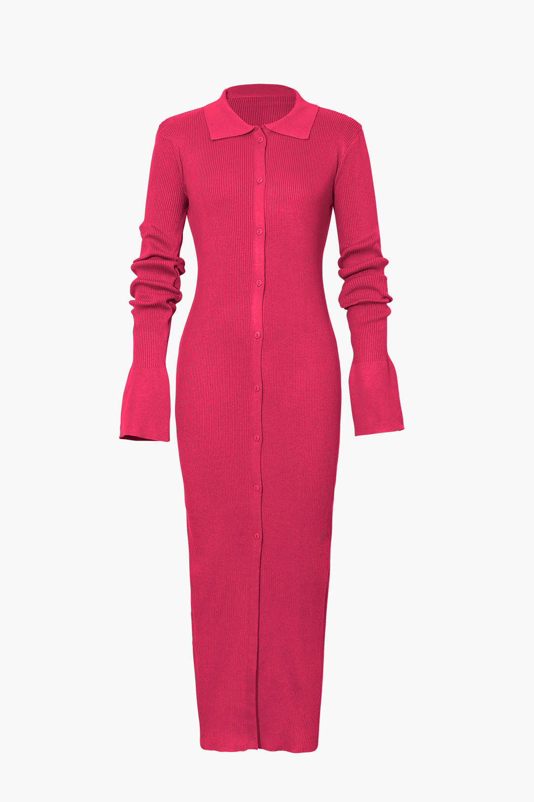 Rib Knit Polo Collar Button Front Flared Cuff Maxi Dress