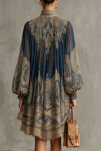 Baroque Print High-neck Irregular Chiffon Mini Dress