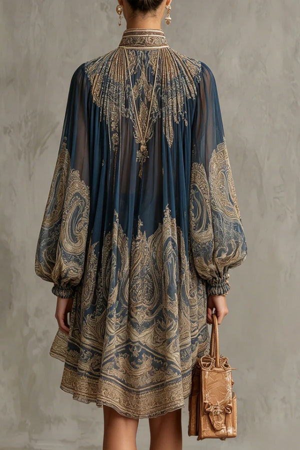 Baroque Print High-neck Irregular Chiffon Mini Dress