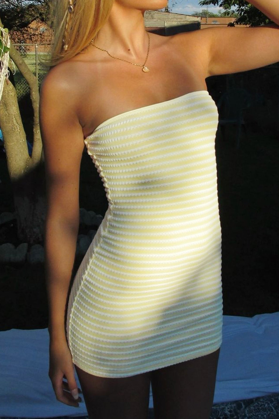 Beige Strapless Horizontal Stripe Ribbed Knit Bodycon Mini Dress
