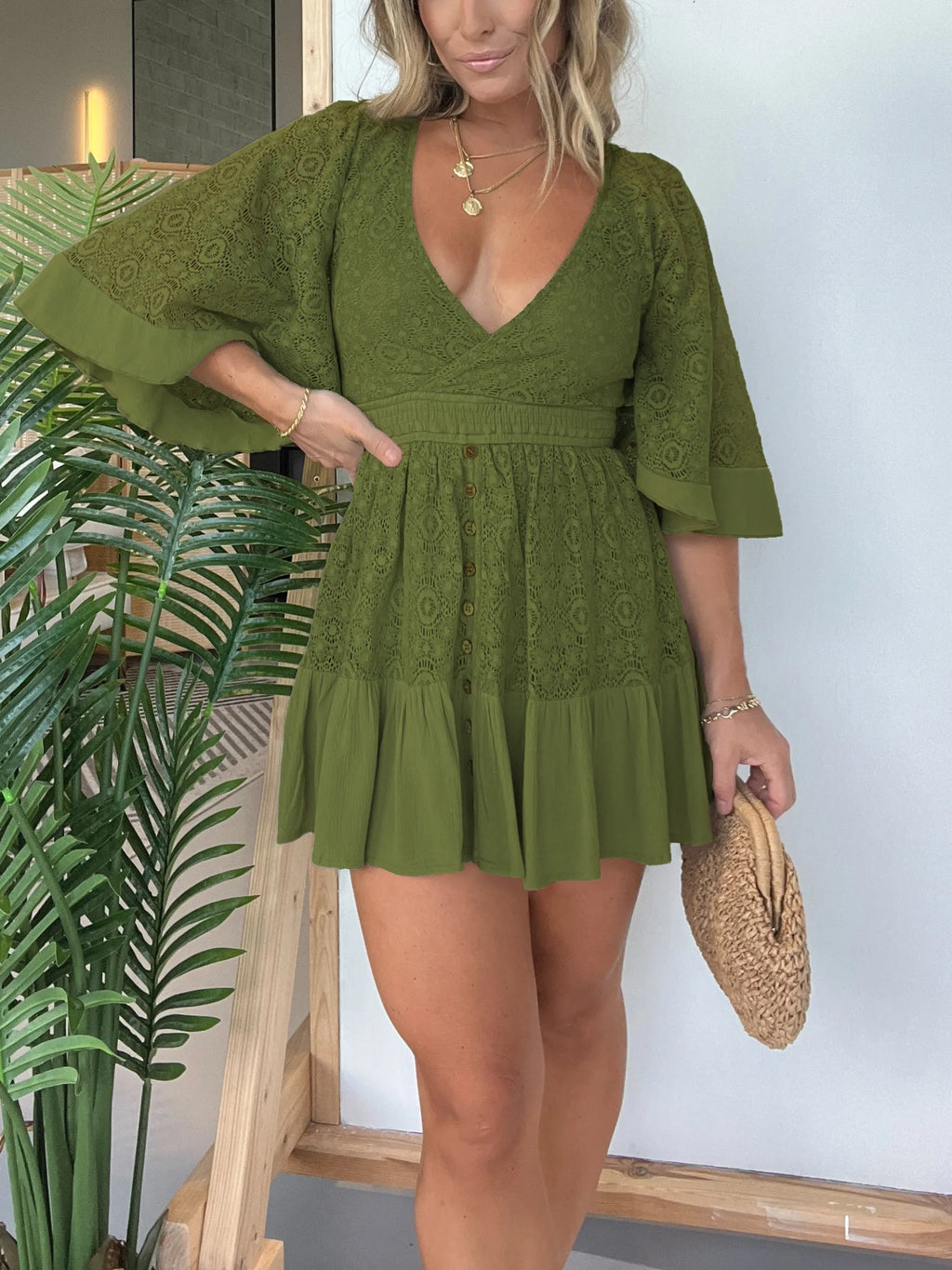 Lace Overlay Wrap V-Neck Smocked Waist Button Front Mini Romper