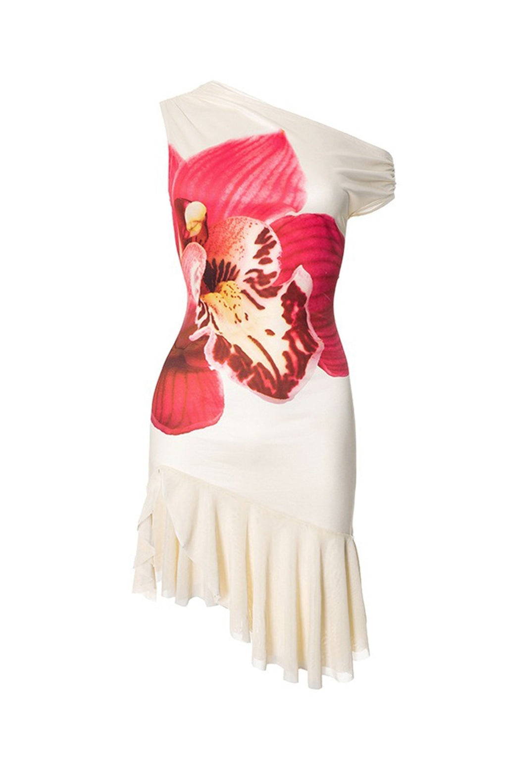 Orchid Floral Print One Shoulder Ruffle Handkerchief Hem Mini Dress