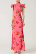 Elegant party cheongsam style rose print layered flared sleeve elastic long skirt