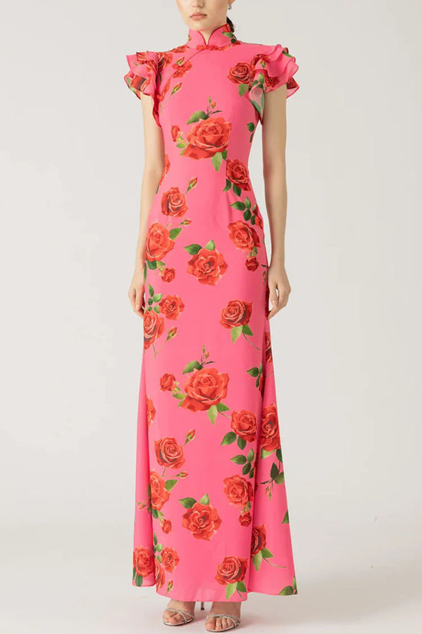 Elegant party cheongsam style rose print layered flared sleeve elastic long skirt