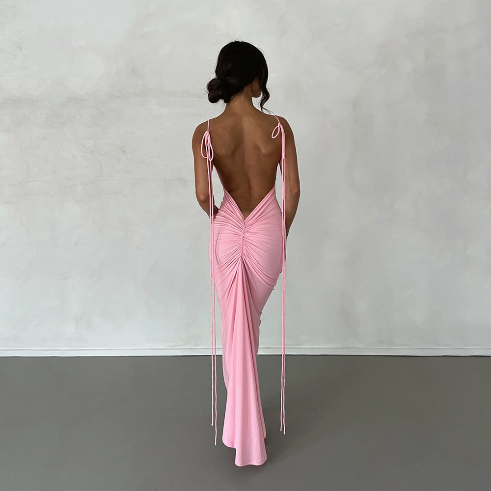 Spaghetti Strap Tie Shoulder Deep V Back Ruched Bodycon Maxi Dress