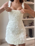 3D Floral Rosette Applique Square Neck Sleeveless Mini Dress