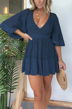 Lace Bell Sleeve Deep V-Neck Button Front Ruffle Hem Mini Dress
