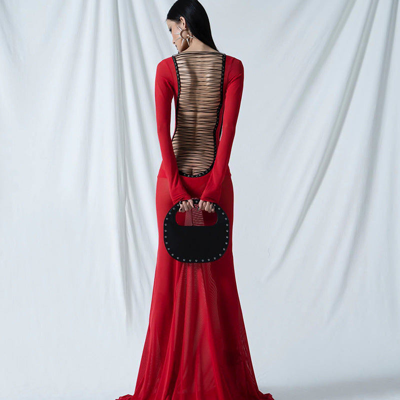 Mesh Long Sleeve Lace Up Open Back Maxi Dress