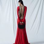 Mesh Long Sleeve Lace Up Open Back Maxi Dress