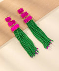 Bold Beaded Fringe Statement Earrings _ Fuchsia & Emerald