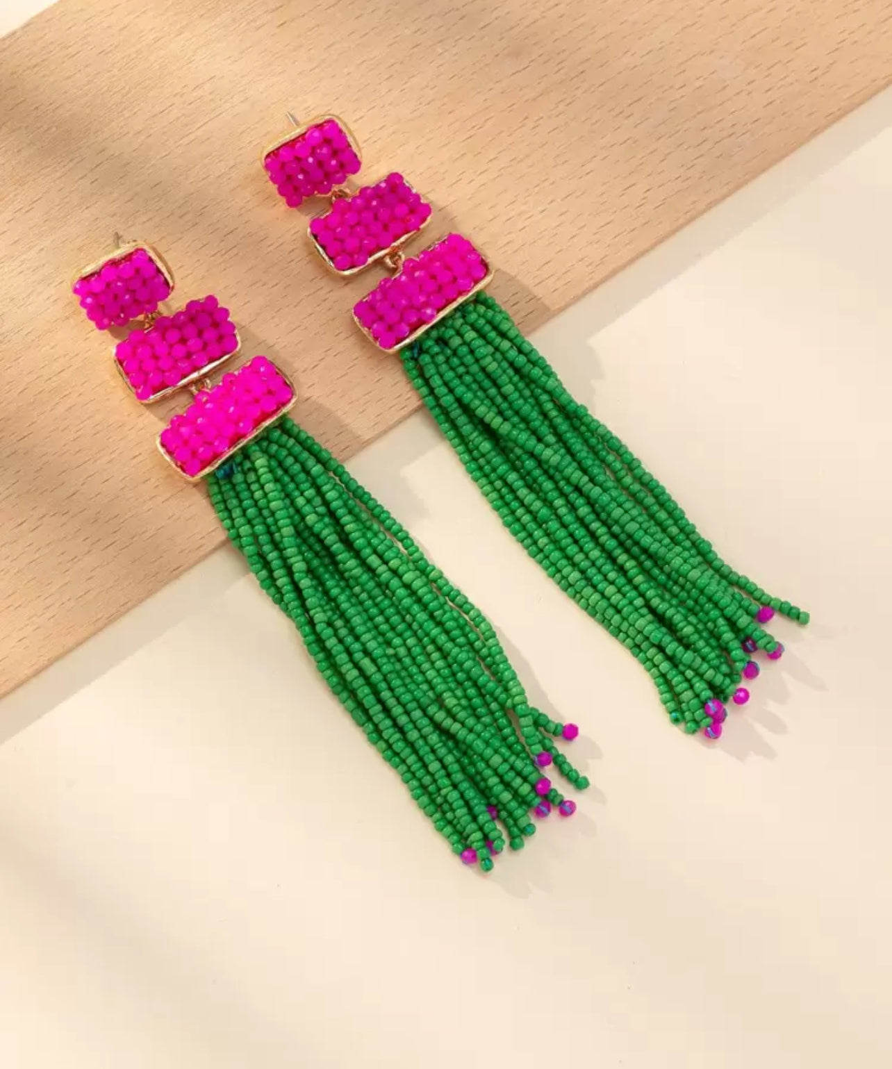 Bold Beaded Fringe Statement Earrings _ Fuchsia & Emerald
