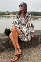 Tropical Botanical Print Puff Sleeve Belted Scalloped Hem Mini Dress