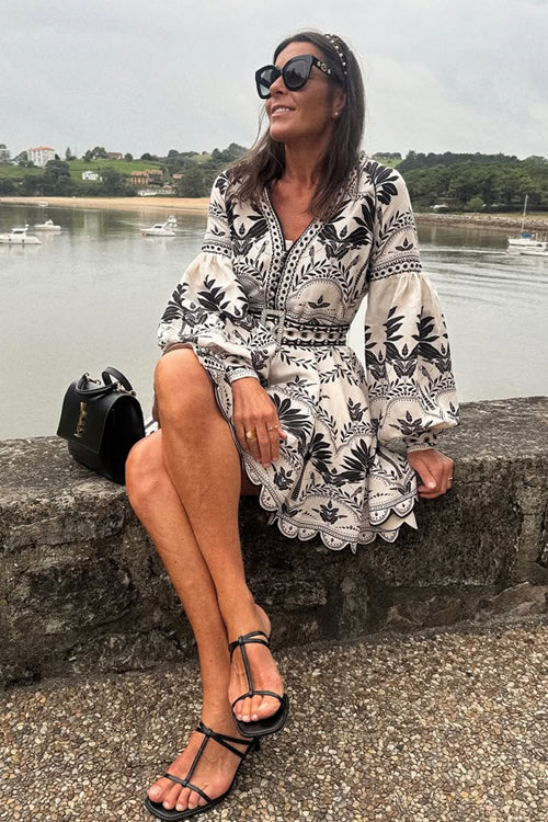 Tropical Botanical Print Puff Sleeve Belted Scalloped Hem Mini Dress