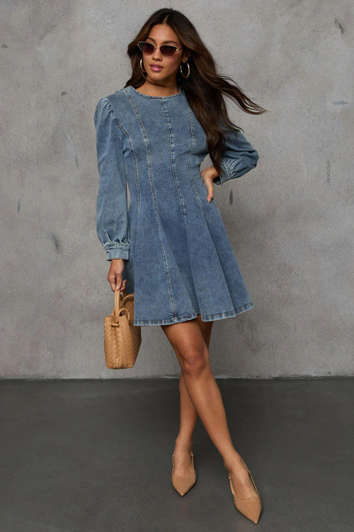 Denim Puff Shoulder Paneled Fit and Flare Mini Dress