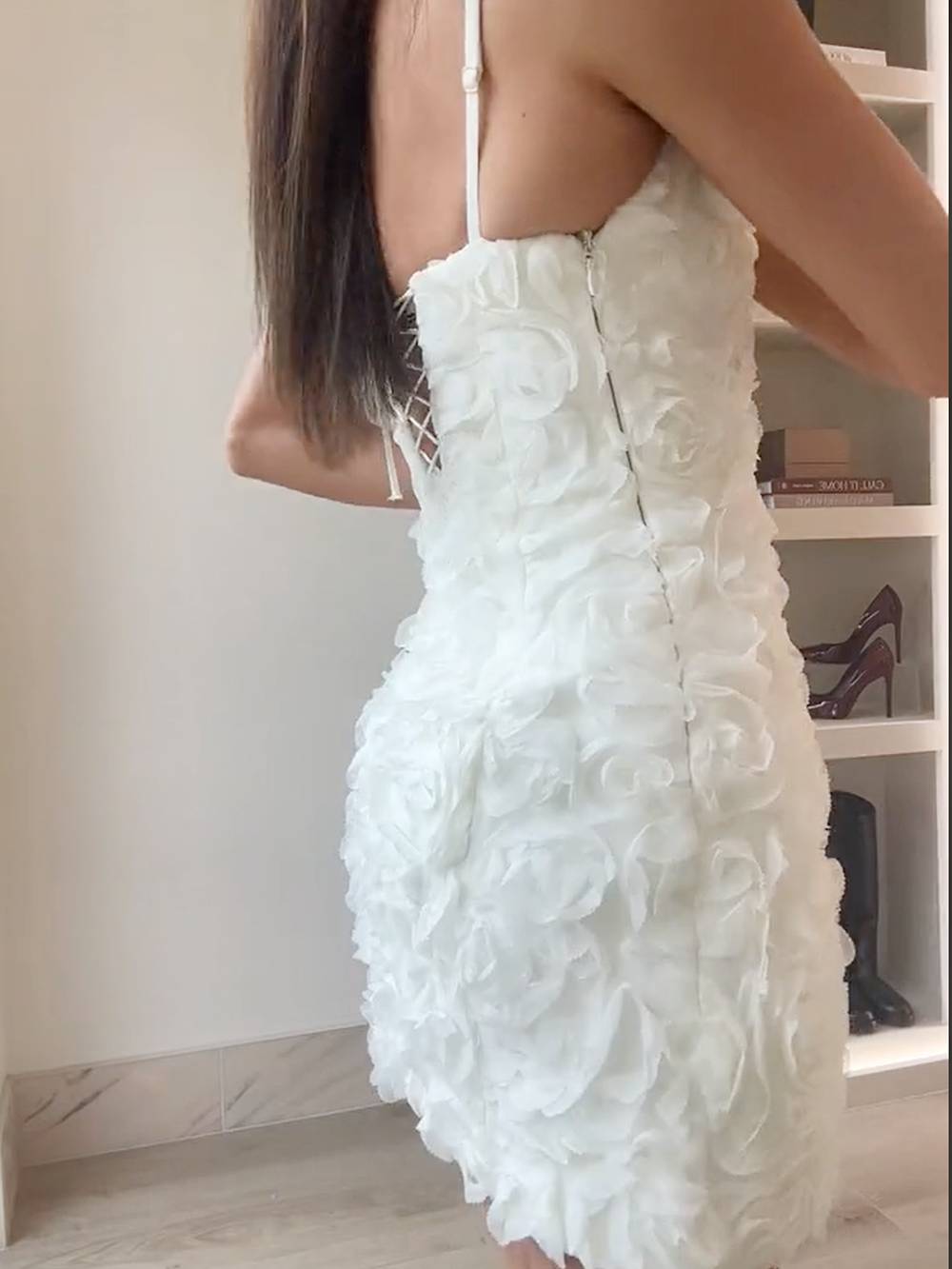 3D Floral Rosette Applique Square Neck Sleeveless Mini Dress