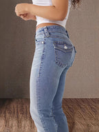 Double Button Midriff Flare Jeans