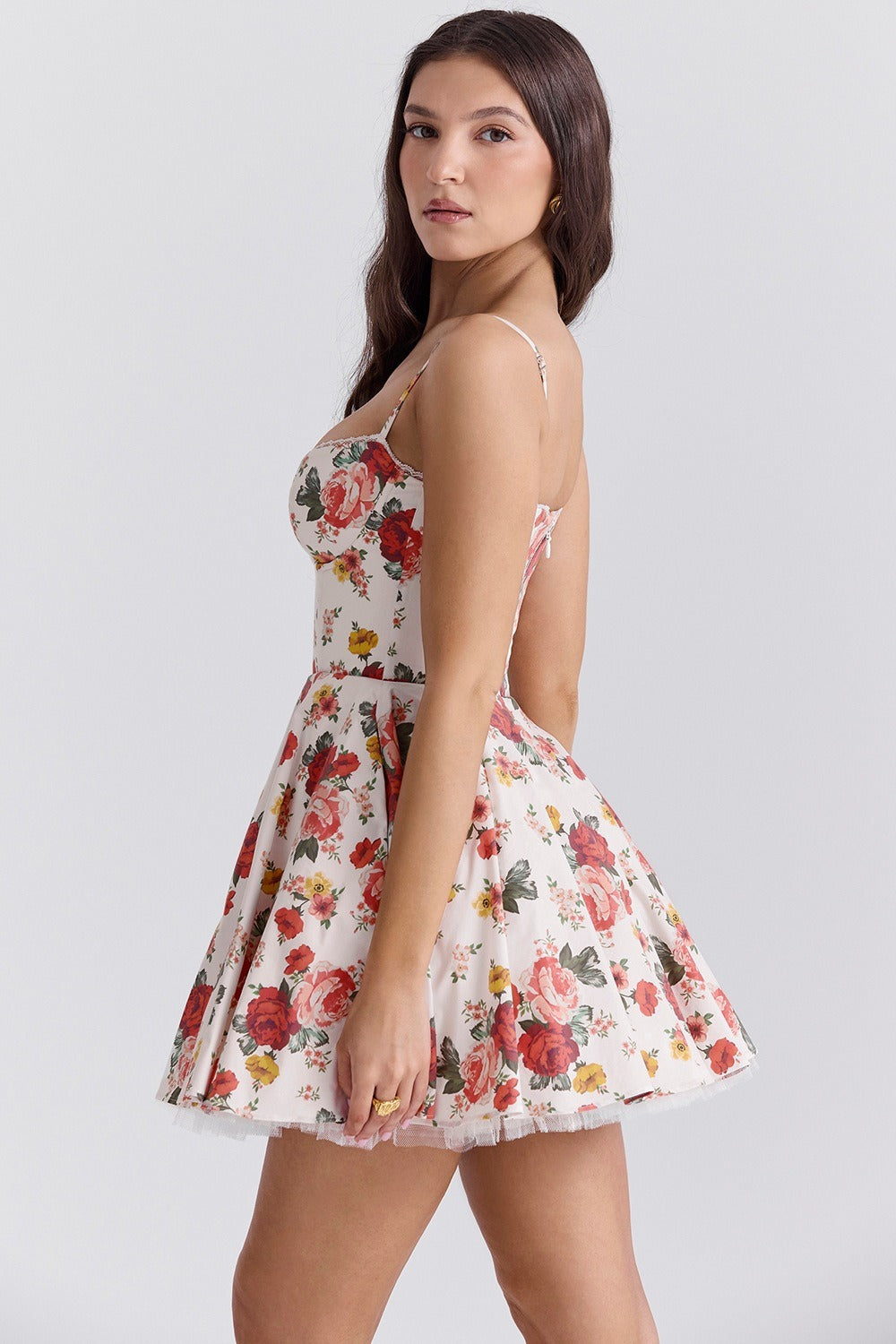 Red Sweetheart Neck Lace Trim Bustier Tulle Underskirt Floral Print Mini Dress
