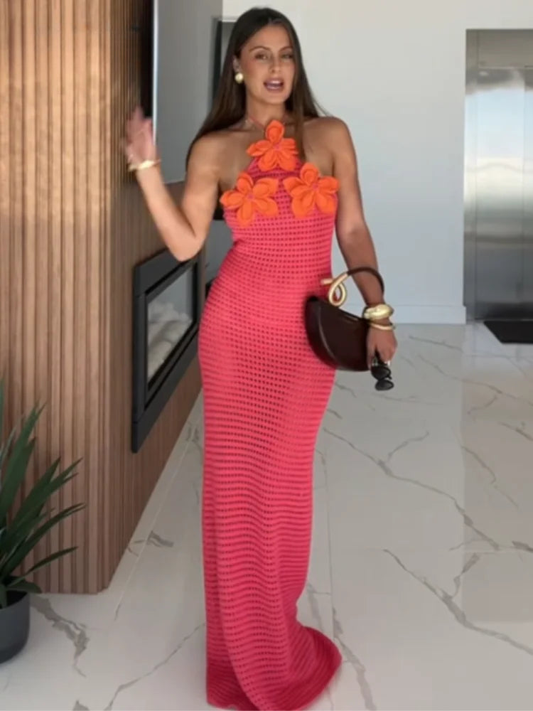 Crochet Knit 3D Floral Applique Halter Neck Mesh Maxi Dress