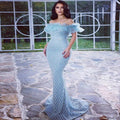 Off Shoulder Tulle Ruffle Neckline Diamond Sequin Mermaid Maxi Gown